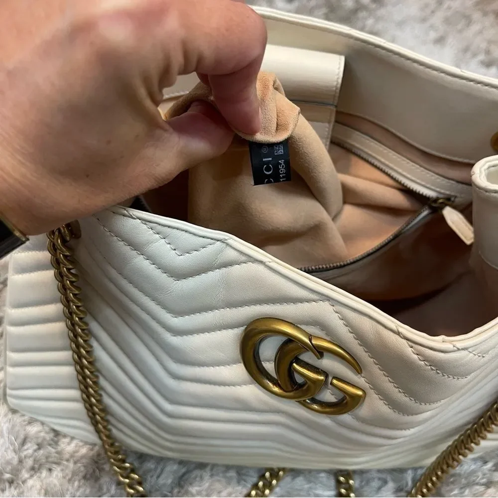 Gucci Marmont Chevron Leather Bag Ivory w/ Antique Gold Hardware and Chain Strap